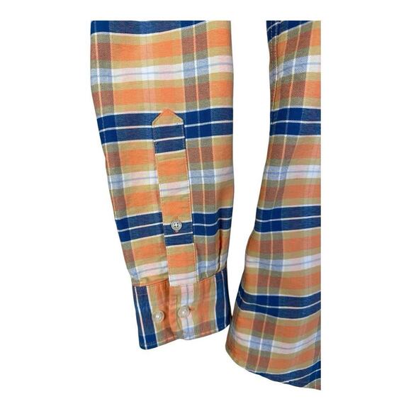 LL Bean Shirt Mens Large Slim Fit Orange Blue Plaid Bean Signature Button Up - Picture 4 of 13